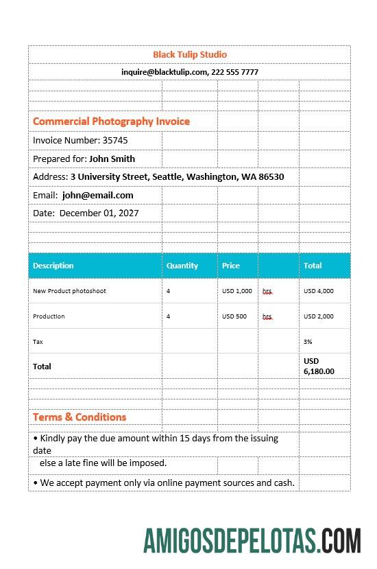 para download Modelo de fatura de fotografia comercial